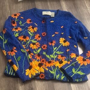 Philip & Jane Gordon  Knits Blue Cardigan with Orange Floral Design